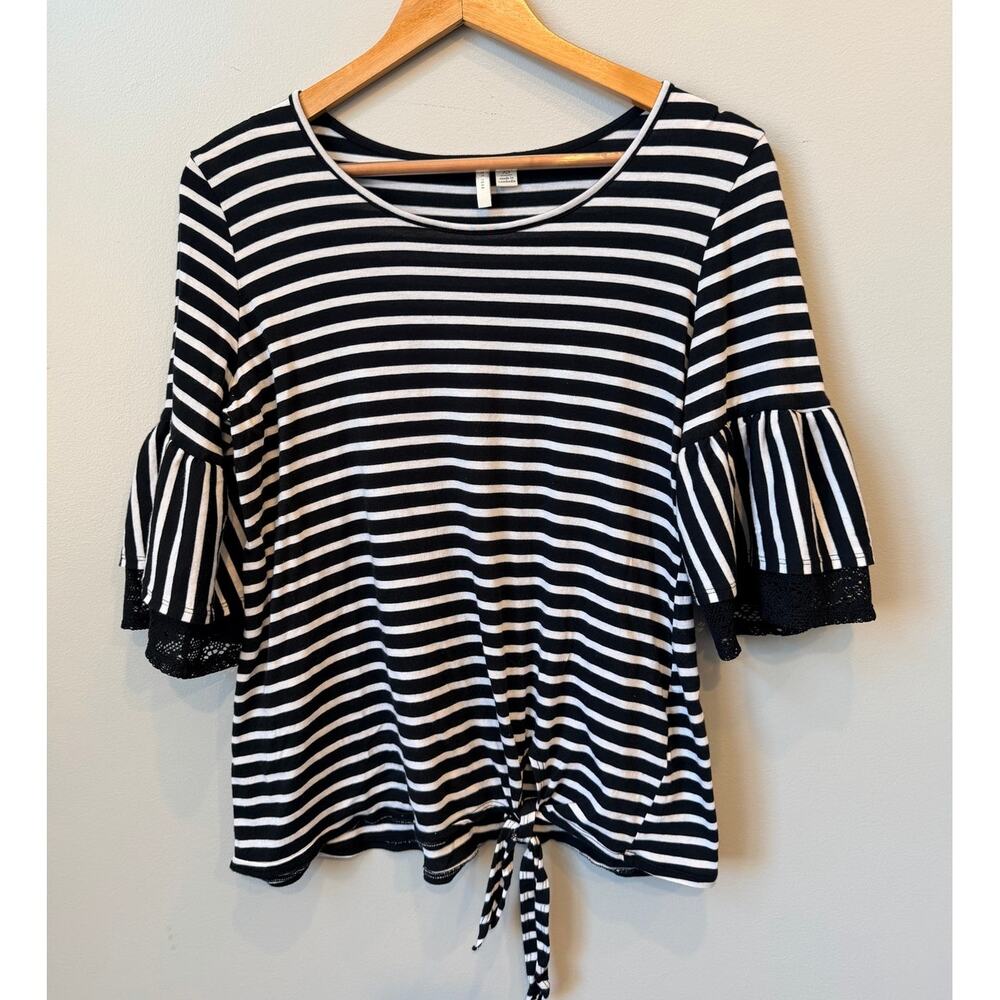 Est. 1946 Women's Striped Tie-Front Top XS Flutter Bell Sleeves with Lace